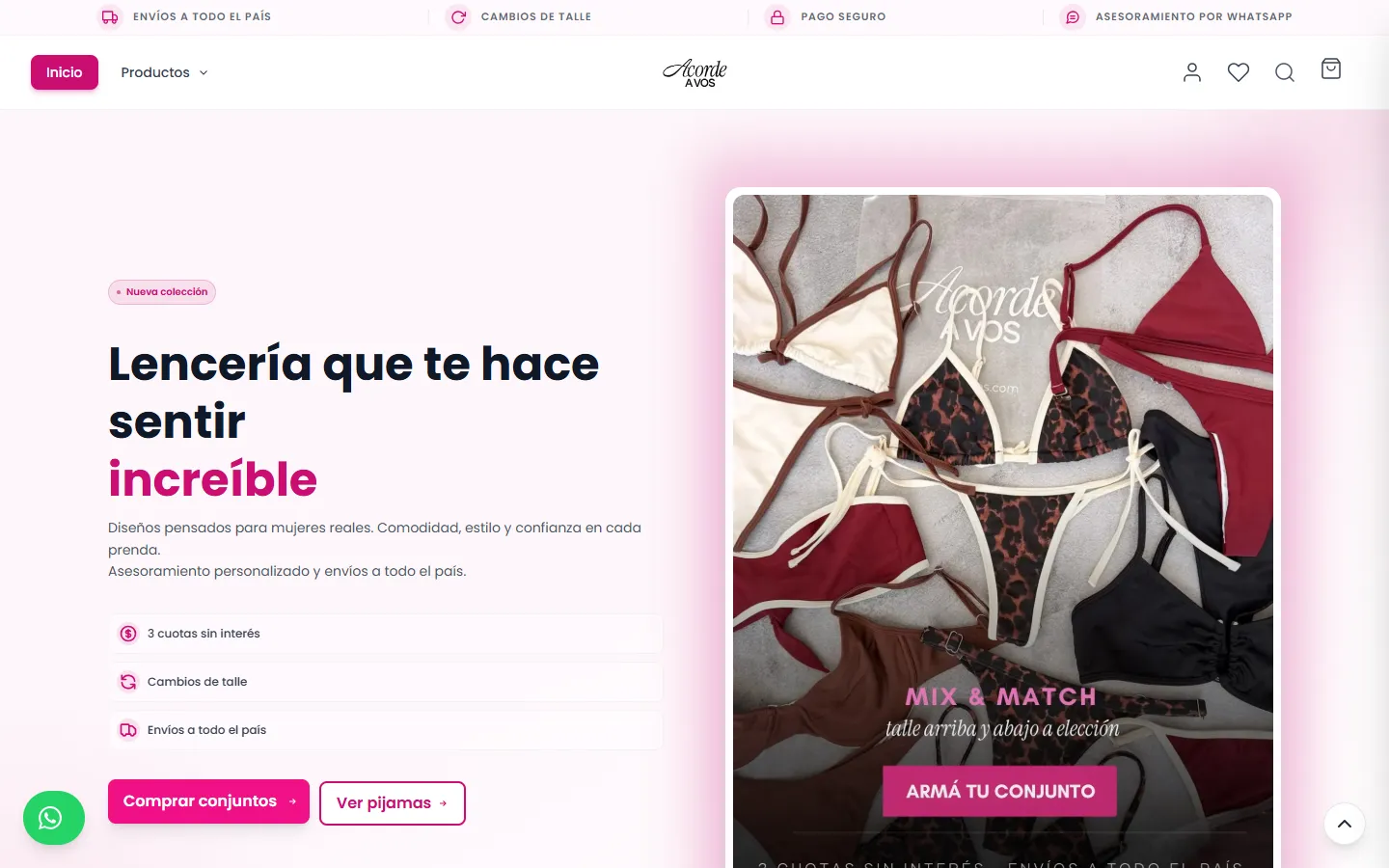 Página de inicio de Acorde a Vos con el titular "Lencería que te hace sentir increíble" y una foto de conjuntos