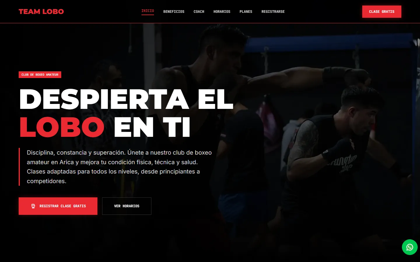 Página de inicio de TeamLobo con el titular "Despierta el lobo en ti" y el botón para registrar una clase gratis